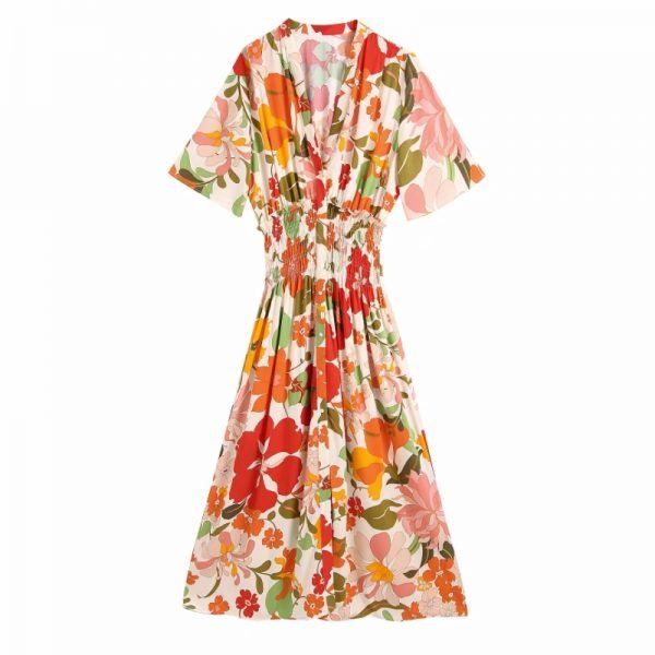 Hot Sale Women Floral Printing Elastic Waist Midi Dress Female Short Sleeve Clothes Casual Lady Loose Vestido D8205