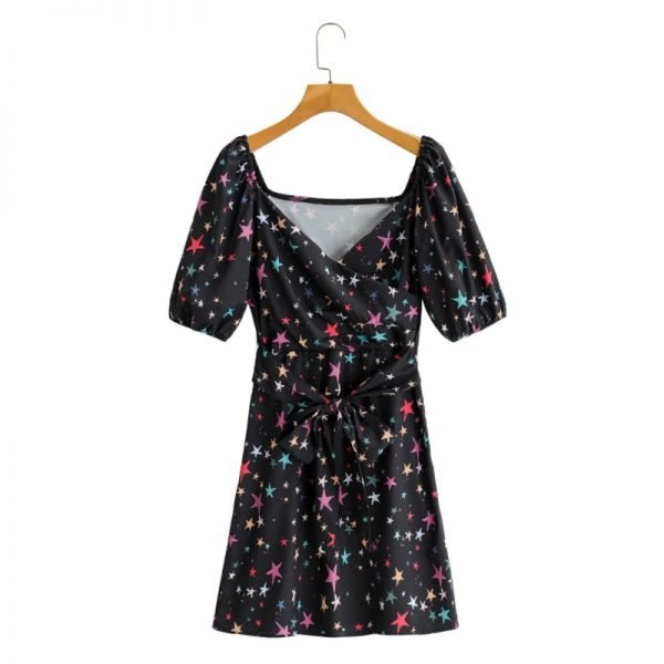 New Spring Women Color Geometric Printing V Neck Sashes Mini Dress Female Lantern Sleeve Clothes Lady Loose Vestido D7207