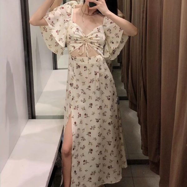 Summer Women Lace Up Hollow Side Slit Printed Midi Dress Female Flare Sleeve Clothes Casual Lady Slim Vestido D7626