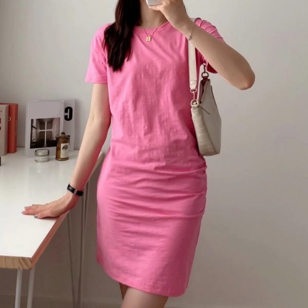 Hot Sale Women Side Pleat Knitted Mini Dress Female Short Sleeve Clothes Casual Lady Loose Vestido D8261
