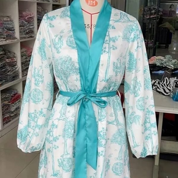 Hot Sale Women Digital Print V Neck Sashes Mini Dress Female Long Sleeve Clothes Casual Lady Loose Vestido D8216