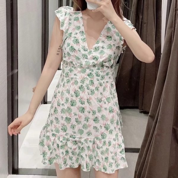 Casual Woman V Neck Butterfly Sleeve Floral Print Mini Dress New Fashion Ladies Slim A-Line Clothes Vestido D5636