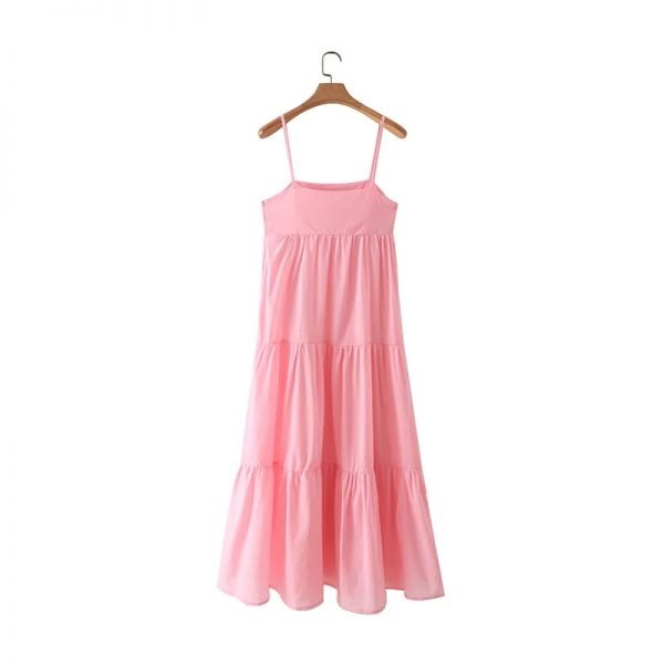 Summer Women Tiered Ruffle Pink Suspender Midi Dress Female Sleeveless Clothes Casual Lady Loose Vestido D7770