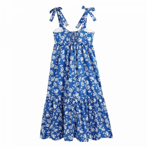 Summer Women Floral Printing Lace Up Suspender Midi Dress Female Sleeveless Clothes Casual Lady Loose Vestido D7696