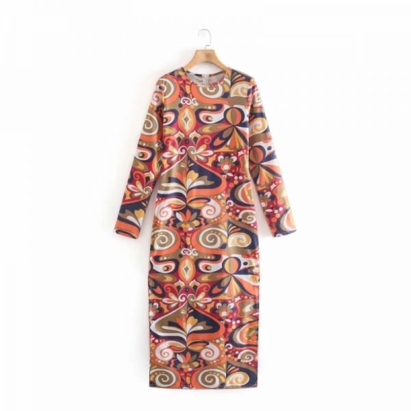 Summer Women Vintage Printing Side Slit Midi Dress Female O Neck Long Sleeve Clothes Casual Lady Loose Vestido D7805