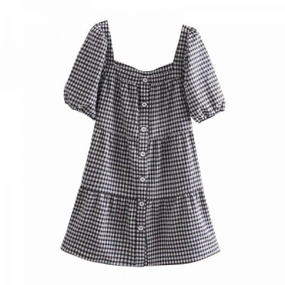 Summer Women Single Breasted Plaid Mini Dress Female Square Collar Puff Sleeve Clothes Casual Lady Loose Vestido D7651