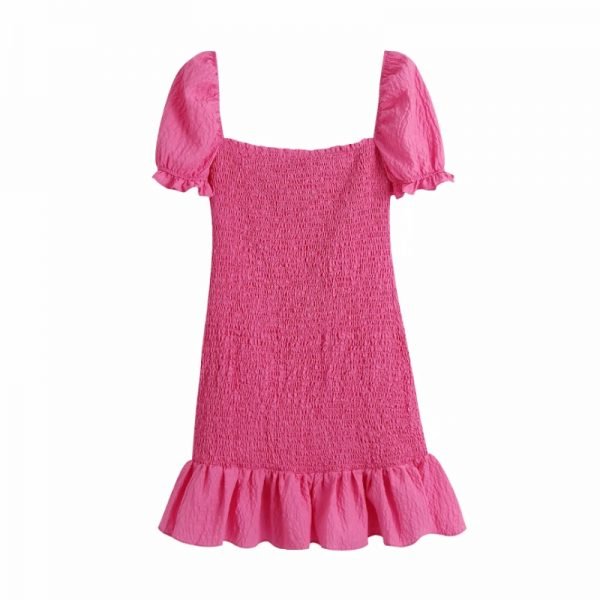 Summer Women Stretch Pleated Pink Slim Mini Dress Female Puff Sleeve Clothes Leisure Lady Vestido D8011