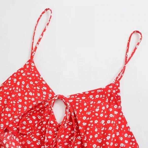 Summer Women Flower Printing Red Suspender Mini Dress Female Cascading Ruffle Hem Clothes Casual Lady Loose Vestido D7632