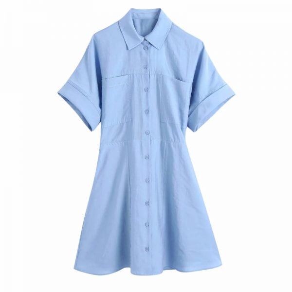 Summer Women Patch Pocket Blue Mini Shirt Dress Female Short Sleeve Clothes Casual Lady Loose Vestido D7685