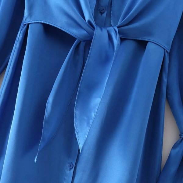 Hot Sale Women Knot Design Blue Satin Shirt Dress Female Long Sleeve Clothes Casual Lady Loose Vestido D8509