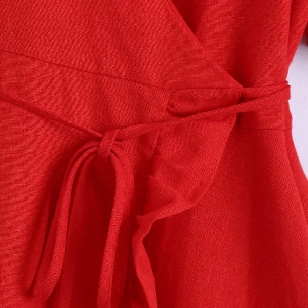 Summer Women Cross V Neck Linen Mini Wrap Dress Female Puff Sleeve Clothes Leisure Lady Loose Vestido D8016