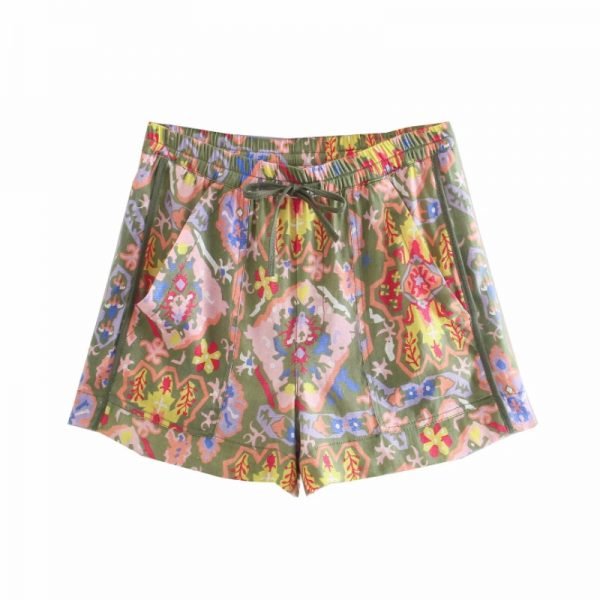 Vintage Women Ethnic Style Print Patch Pocket Shorts Hot Sale Casual Female Elastic Waist Drawstring Loose Clothes P2218