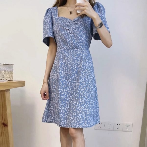 Hot Sale Women Floral Print Square Collar Dress Female Puff Sleeve Clothes Casual Lady Loose Vestido D8126