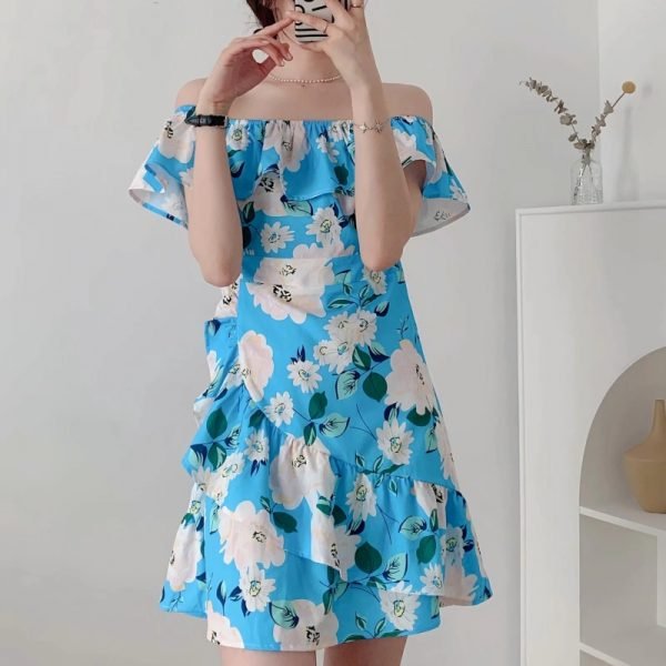 Summer Women Slash Neck Cascading Ruffle Printed Mini Dress Female Short Sleeve Clothes Leisure Lady Slim Vestido D7988
