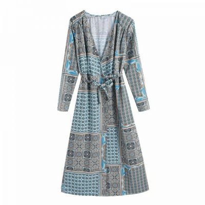 Summer Women Vintage Patchwork Printing Sashes Midi Dress Female Long Sleeve Clothes Leisure Lady Loose Vestido D8010
