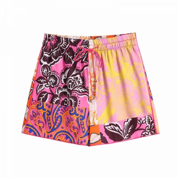 Hot Sale Women Vintage Patchwork Printing Shorts Casual Female Elastic Waist Drawstring Loose Clothes P2203