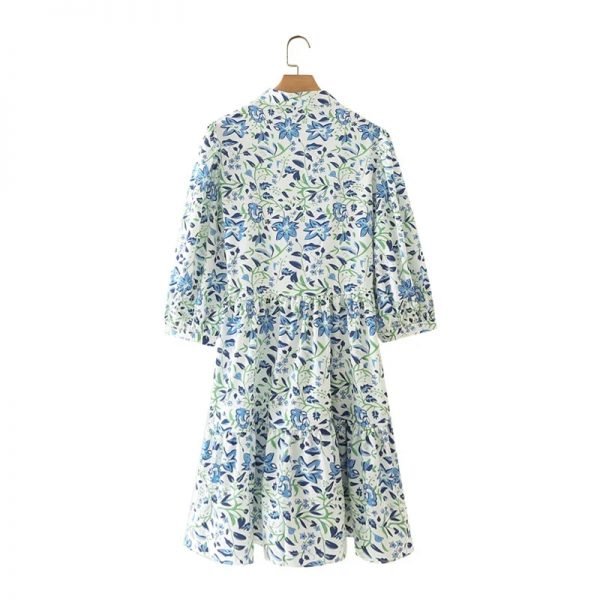 Hot Sale Women Floral Print Puff Sleeve Mini Dress Female Stand Collar Clothes Casual Lady Loose Vestido D8195
