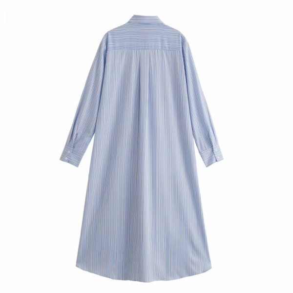 Summer Women Side Slit Striped Midi Shirt Dress Female Long Sleeve Clothes Casual Lady Loose Vestido D7590