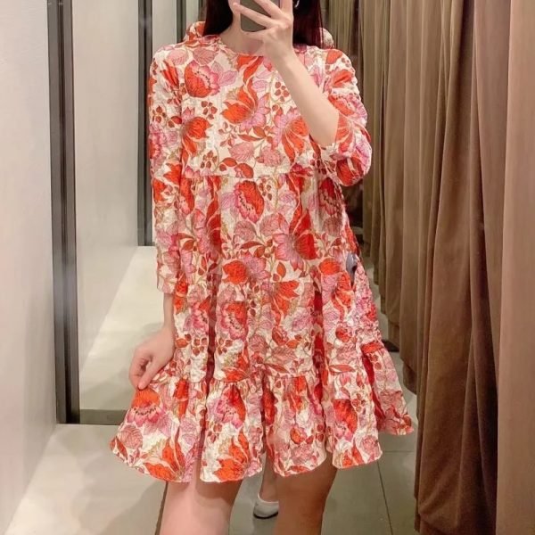 Summer Women Red Floral Print Tiered Ruffle Midi Dress Female Three Quarter Sleeve Clothes Casual Lady Loose Vestido D7807