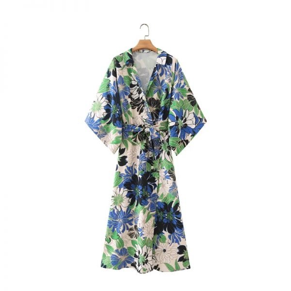 Hot Sale Women Flower Printing Sashes Wrap Dress Female Raglan Sleeve Clothes Casual Lady Loose Vestido D8510