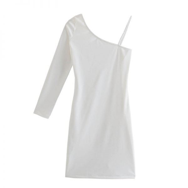 Summer Women Asymmetry One Shoulder White Mini Dress Female Long Sleeve Clothes Casual Lady Slim Vestido D7686