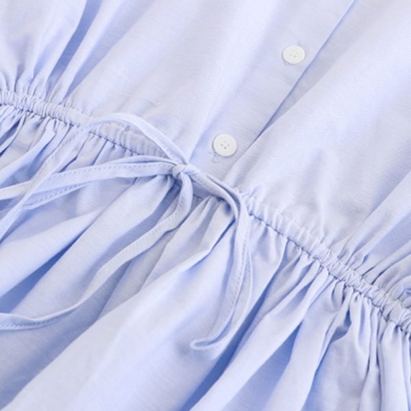 Summer Women Raglan Sleeve Waist Drawstring Mini Dress Female Turndown Collar Clothes Casual Lady Loose Vestido D7530