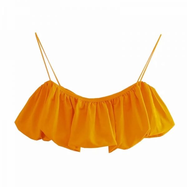 Summer Women Yellow Sexy Pleating Short Suspender Blouse Casual Female Sleeveless Slim Crop Tops T1518