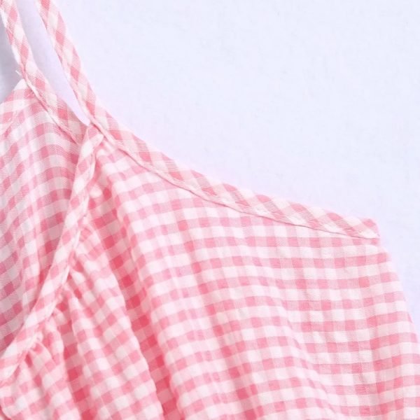 Summer Women Pink Plaid Suspender Midi Dress Female Elastic Waist Clothes Casual Lady Loose Vestido D7725