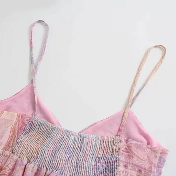 Summer Women Patchwork Print Chiffon Suspender Midi Dress Female Cascading Ruffle Hem Clothes Casual Lady Loose Vestido D7639