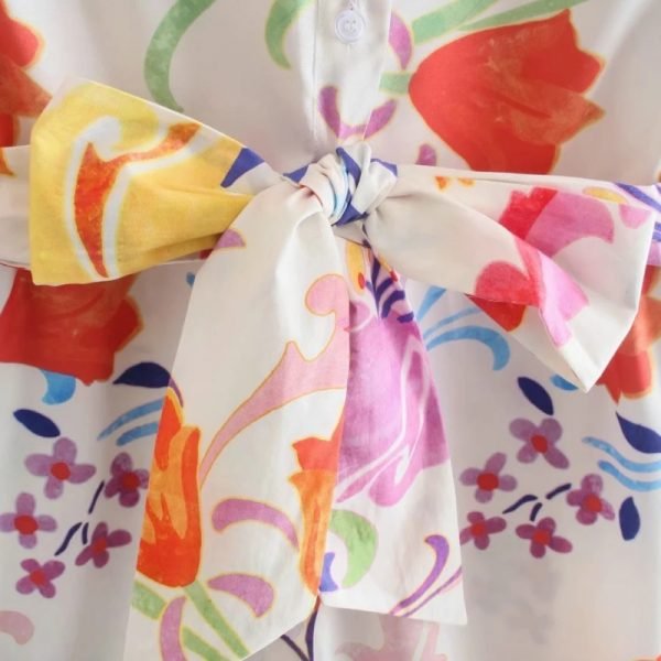 Summer Women Floral Printing Sashes Midi Shirt Dress Female Nine Quarter Sleeve Clothes Casual Lady Loose Vestido D7856