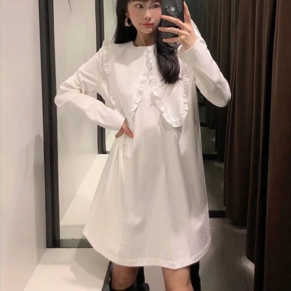Spring Women Chic Sailor Collar White Mini Dress Female Long Sleeve Clothes Casual Lady Loose Vestido D7333
