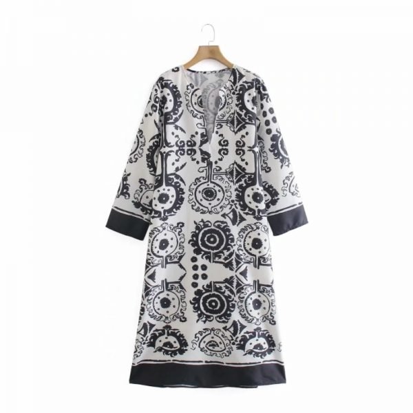 Summer Women Placement Print Midi Dress Female V Neck Long Sleeve Clothes Casual Lady Loose Vestido D7717