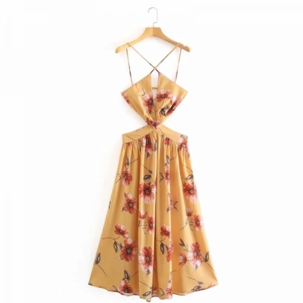 Summer Women Digital Printing Backless Suspender Midi Dress Female Sleeveless Clothes Casual Lady Loose Vestido D7865