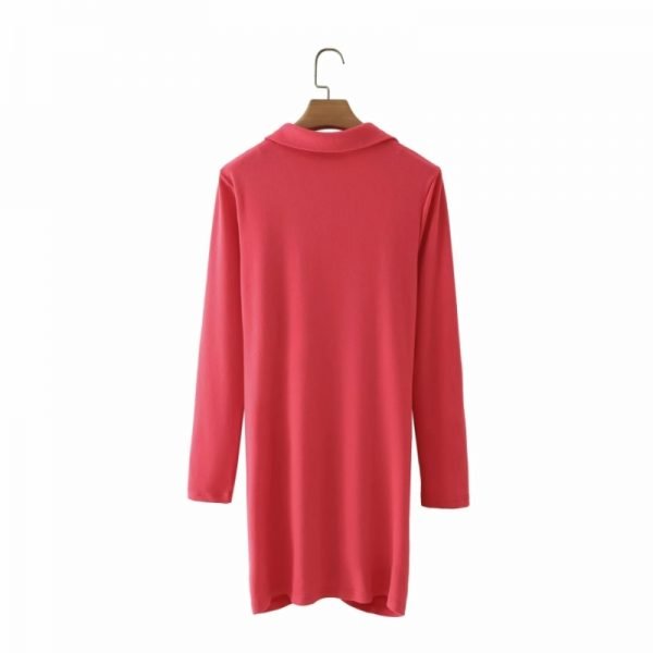 Hot Sale Women Pleated Design Rose Red Slim Knitted Mini Shirt Dress Female Long Sleeve Clothes Casual Lady Vestido D8280