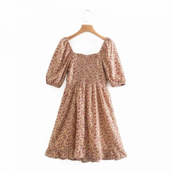 Summer Women Floral Print Square Collar Mini Dress Female Puff Sleeve Clothes Casual Lady Loose Vestido D7867