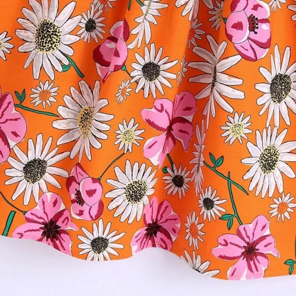 Hot Sale Women Flower Print Orange Mini Dress Female O Neck Short Sleeve Clothes Casual Lady Loose Vestido D8282