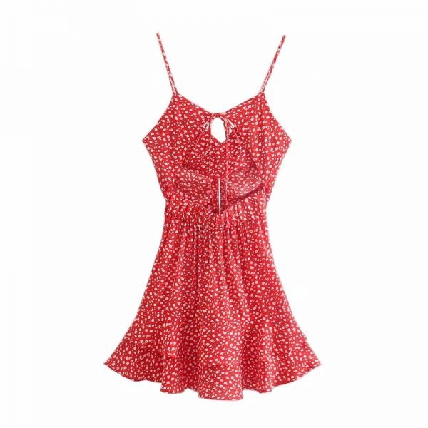 Summer Women Flower Printing Red Suspender Mini Dress Female Cascading Ruffle Hem Clothes Casual Lady Loose Vestido D7632