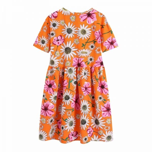 Hot Sale Women Flower Print Orange Mini Dress Female O Neck Short Sleeve Clothes Casual Lady Loose Vestido D8282