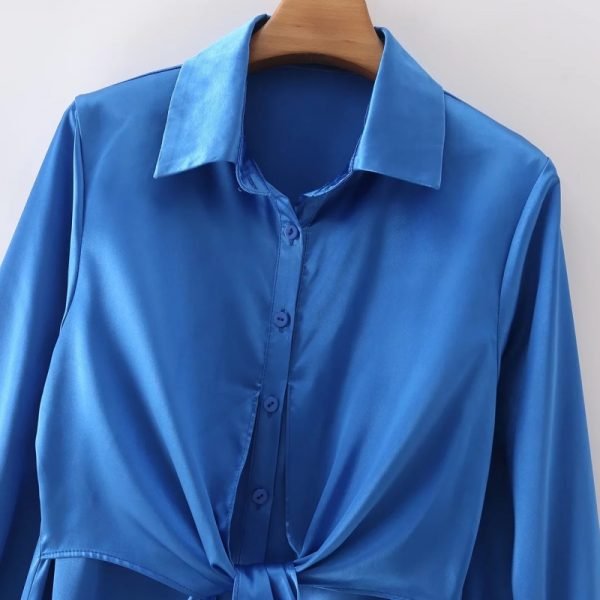 Hot Sale Women Knot Design Blue Satin Shirt Dress Female Long Sleeve Clothes Casual Lady Loose Vestido D8509