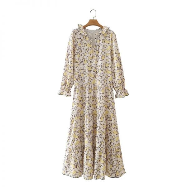 Hot Sale Women Floral Printing Ruffled Collar Elegant Dress Female Long Sleeve Clothes Casual Lady Loose Vestido D8189