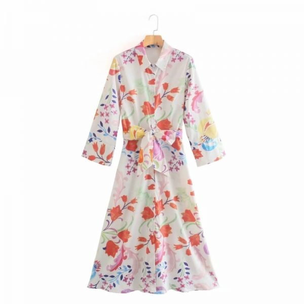Summer Women Floral Printing Sashes Midi Shirt Dress Female Nine Quarter Sleeve Clothes Casual Lady Loose Vestido D7856
