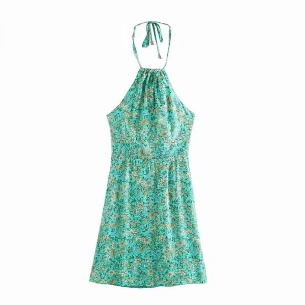 Summer Women Vintage Floral Print Halter Mini Dress Female Sleeveless Clothes Leisure Lady Slim Vestido D7961