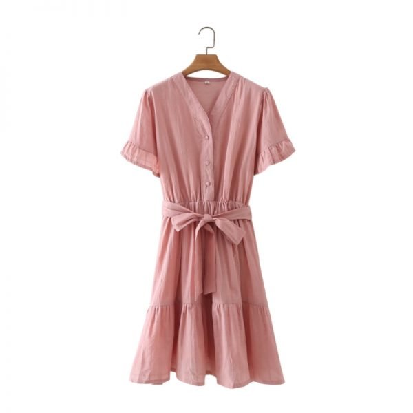 Summer Women V Neck Sashes Solid Mini Dress Female Flare Sleeve Clothes Leisure Lady Loose Vestido D7971