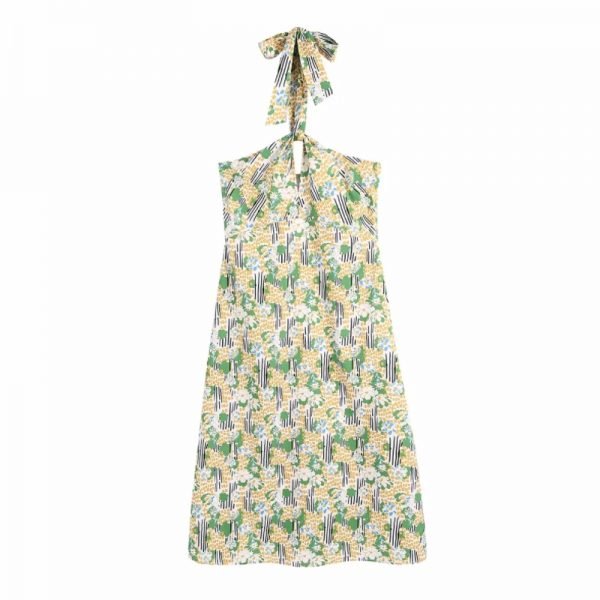 Summer Women Flower Halter Printing Midi Dress Pastoral Style Female Backless Clothes Leisure Lady Loose Vestido D7915
