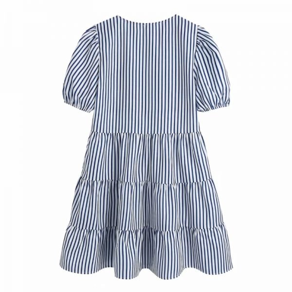 Hot Sale Women V Neck Tiered Ruffle Striped Mini Dress Female Puff Sleeve Clothes Casual Lady Loose Vestido D8312