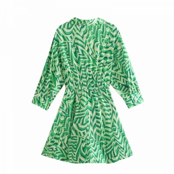 Hot Sale Women Digital Print Green Mini Shirt Dress Female Nine Quarter Sleeve Clothes Casual Lady Loose Vestido D8117