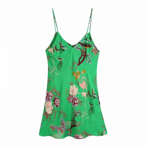 Hot Sale Women Bird Printing Green Suspender Mini Dress Female Drawstring Bowknot Clothes Casual Lady Loose Vestido D8203