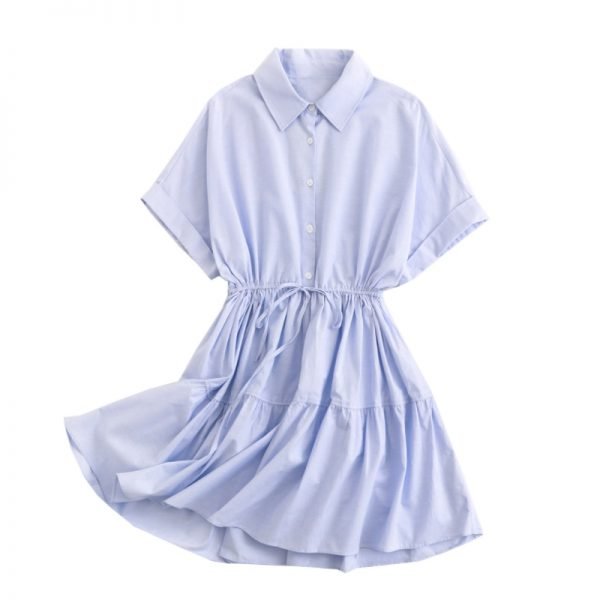 Summer Women Raglan Sleeve Waist Drawstring Mini Dress Female Turndown Collar Clothes Casual Lady Loose Vestido D7530