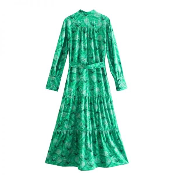 Hot Sale Women Green Leaf Printing Sashes Midi Dress Female Long Sleeve Clothes Casual Lady Loose Vestido D8517