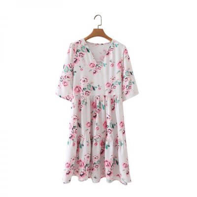 Summer Women Floral Print Tiered Ruffle Mini Dress Female V Neck Flare Sleeve Clothes Leisure Lady Loose Vestido D7953